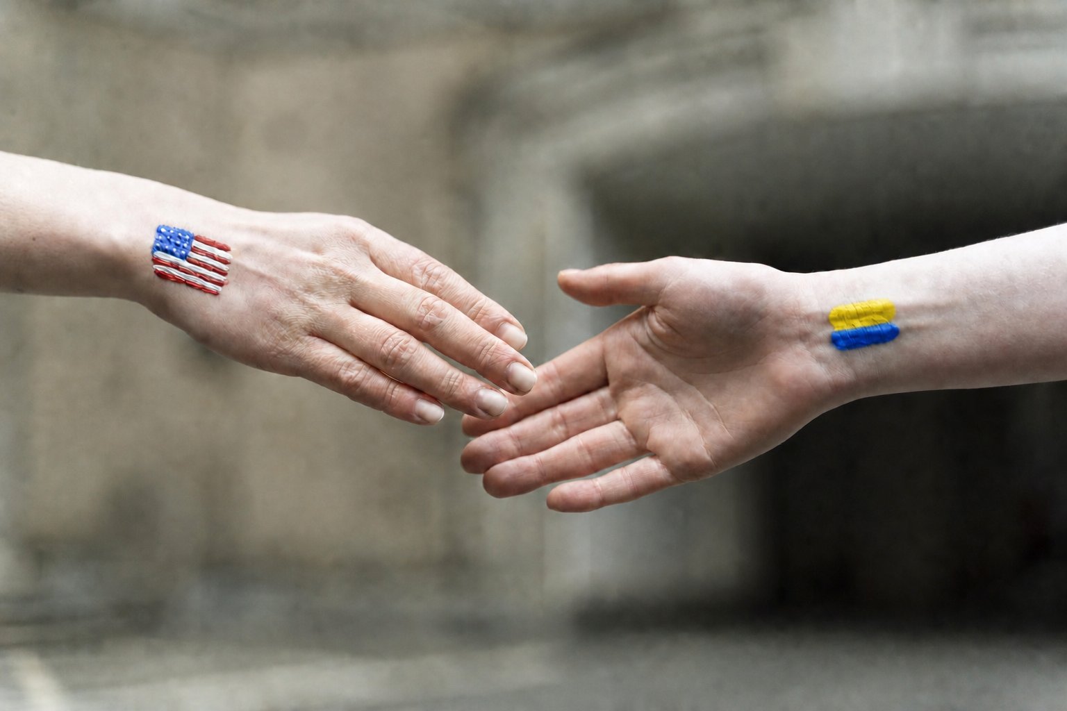 American and Ukrainian flags painted on two people's wrists, reaching to shake hands