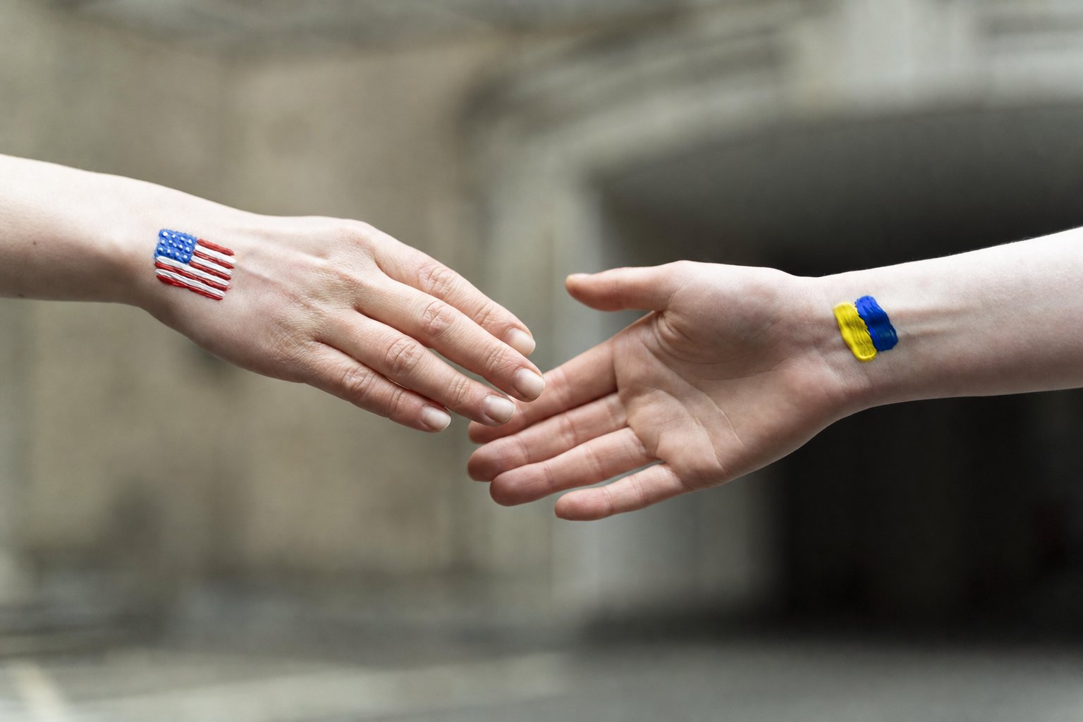 American and Ukrainian flags painted on two people's wrists, reaching to shake hands
